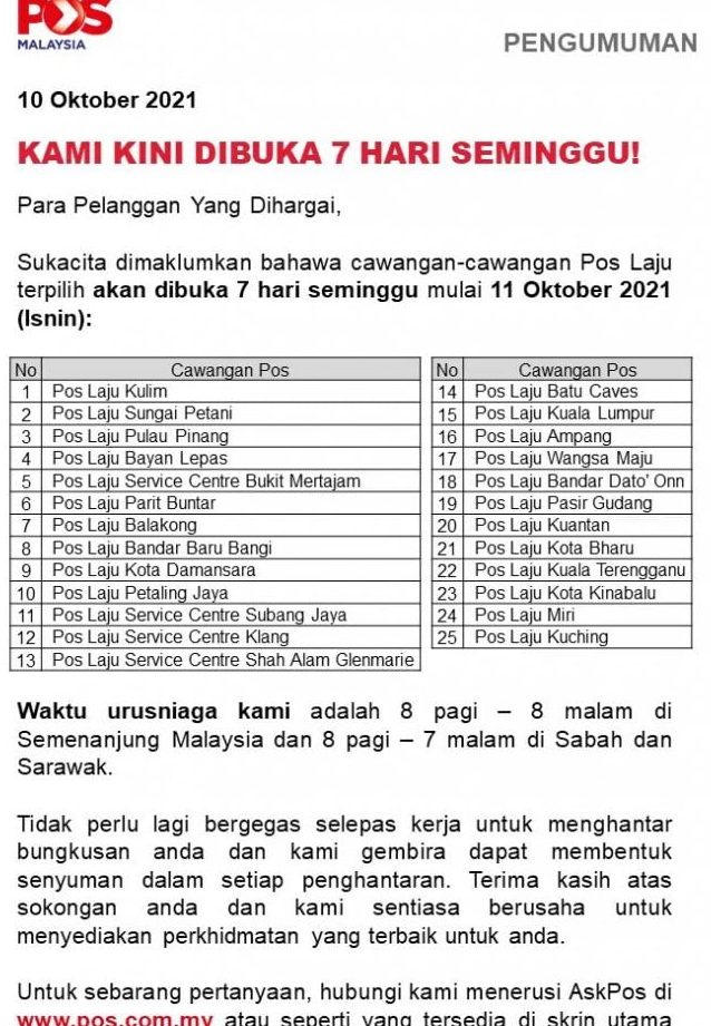 poslaju di bidor malaysia perkhidmatan lokasi waktu operasi terkini